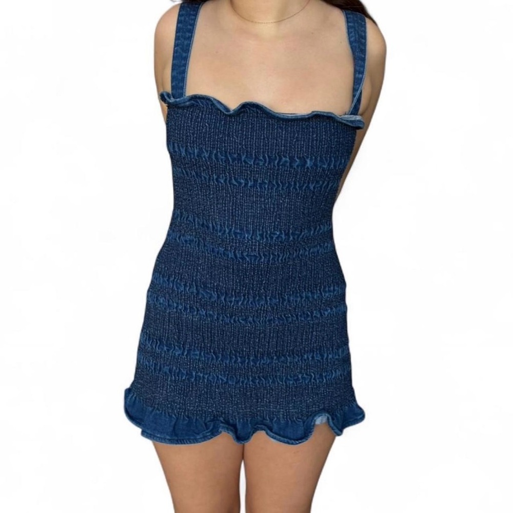UO Blue Denim Textured Mini Dress
